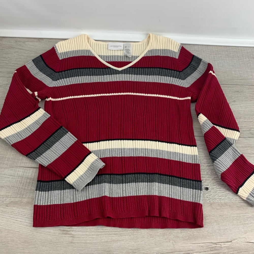 Liz Claiborne Lizsport Womens Red Striped V-Neck Cotton Cable Knit Sweater Large